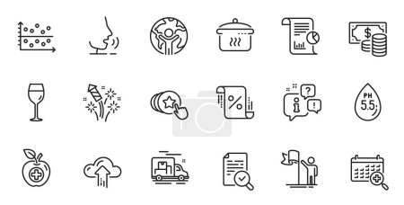 Illustration for Outline set of Hold heart, Inspect and Medical food line icons for web application. Talk, information, delivery truck outline icon. Include Report, Boiling pan, Dot plot icons. Vector - Royalty Free Image