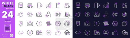 Illustration for Sync, Fan engine and Marketplace line icons for website, printing. Collection of Security statistics, Incoming mail, Alarm sound icons. Settings gears, Web photo. Bicolor outline icon. Vector - Royalty Free Image