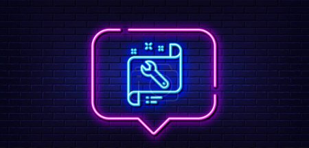 Illustration for Neon light speech bubble. Spanner tool line icon. Repair service blueprint sign. Fix instruments symbol. Neon light background. Spanner glow line. Brick wall banner. Vector - Royalty Free Image