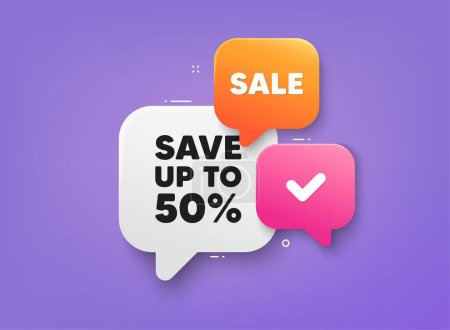 Illustration for Save up to 50 percent tag. 3d bubble chat banner. Discount offer coupon. Discount Sale offer price sign. Special offer symbol. Discount adhesive tag. Promo banner. Vector - Royalty Free Image