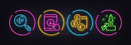 Illustration for Search text, Scroll down and Currency rate minimal line icons. Neon laser 3d lights. Innovation icons. For web, application, printing. Find word, Swipe arrow, Online exchange. Crowdfunding. Vector - Royalty Free Image