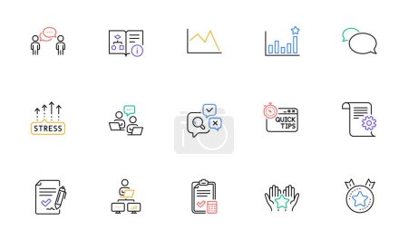 Illustration for Approved agreement, Technical documentation and Technical algorithm line icons for website, printing. Collection of Teamwork, Messenger, Quick tips icons. Inspect, Stress grows. Vector - Royalty Free Image