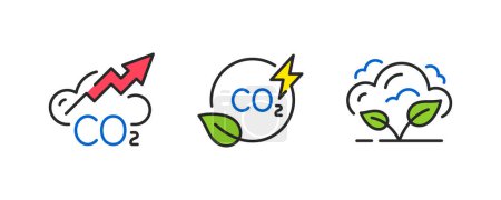 Téléchargez les illustrations : Ensemble d'icônes zéro émission. Pollution par le dioxyde de carbone, émissions de CO2. Symbole écologique. Style ligne icône de pollution au dioxyde de carbone. Sauvegarder l'écologie et l'environnement symbole. Vecteur - en licence libre de droit