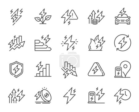 Illustration for Energy line icons. Electric power, Charge station and Electricity price inflation set. Eco energy, efficiency consumption and saving electricity line icons. Lightning bolt, electric power. Vector - Royalty Free Image