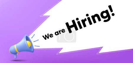 Illustration for We are hiring horizontal banner with a megaphone. Announce banner with loudspeaker. Promotion hr background. 3d employment message with megaphone. Hire team, recruiting banner. Vector - Royalty Free Image