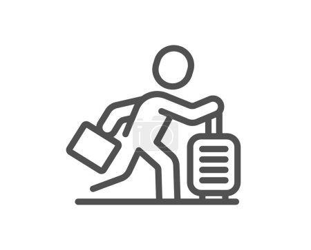 Illustration for Travel delay line icon. Man run with travel baggage sign. Passenger is late symbol. Quality design element. Linear style travel delay icon. Editable stroke. Vector - Royalty Free Image