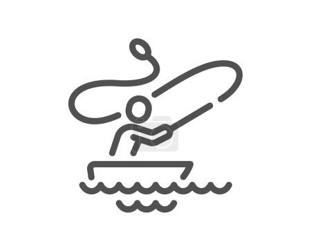 Ilustración de Icono de línea de pesca barco. Pescador con signo de varilla giratoria. Captura de peces símbolo. Elemento diseño de calidad. Estilo lineal barco icono de la pesca. Un derrame cerebral. Vector - Imagen libre de derechos