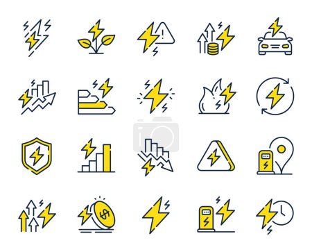 Illustration for Energy line icons. Electric power, Charge station and Electricity price inflation set. Eco energy, efficiency consumption and saving electricity line icons. Lightning bolt, electric power. Vector - Royalty Free Image