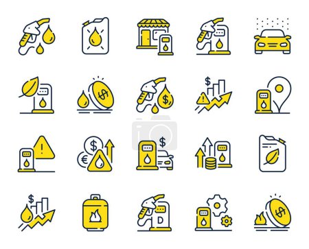 Illustration for Gas station line icons. Petrol canister, diesel fuel and gas cylinder set. Eco leaf, Fuel station and petrol canister line icons. Liquefied gas, rising prices and oil energy. Vector - Royalty Free Image