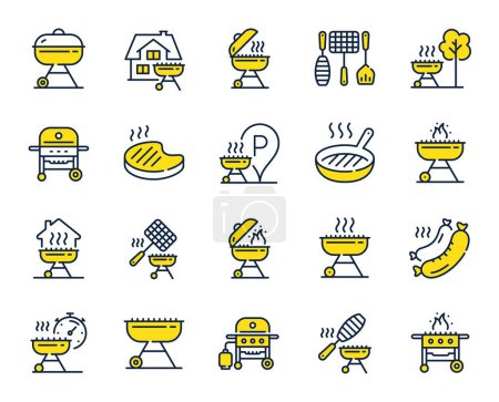 Illustration for Grill line icons. Salmon meat steak, Bbq smoker and Fire cooking set. Gas-fueled grill, hot pan and barbecue sausage icons. Grilled beef steak meat, roasted food and fish grilling basket. Vector - Royalty Free Image