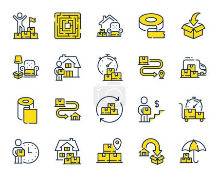 Illustration for Moving service line icons. Furniture move, rent space and adhesive tape set. Package delivery, relocation service and carrying man line icons. Move parcel, delivery truck and maze labyrinth. Vector - Royalty Free Image