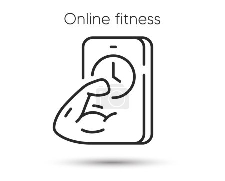 Illustration for Fitness training line icon. Live coach sign. Mobile phone online exercise app symbol. Illustration for web and mobile app. Line style fitness app icon. Editable stroke strong arm. Vector - Royalty Free Image