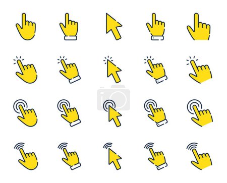 Illustration for Click pointer line icons. Mouse cursor, hand finger and press here set. Computer arrow, interface tool and web point line icons. Click here, internet pointer and cursor mouse tool. Vector - Royalty Free Image