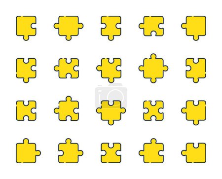 Ilustración de Puzzle line icons. Jigsaw Challenge, Strategy, Puzzle pieces icons. Fun solution, Solve piece of problem. Tests person ingenuity or knowledge. Set of Jigsaw puzzle game pieces. Vector - Imagen libre de derechos