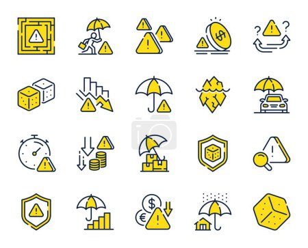 Illustration for Risk management line icons. Safety umbrella, Iceberg threat and dice gambling set. Reduce finance, win chance and maze labyrinth line icons. Crisis management, insurance umbrella, threat risk. Vector - Royalty Free Image