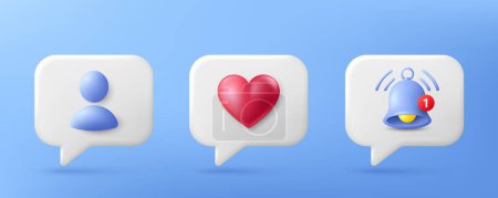 Ilustración de Notificación de redes sociales 3d iconos. Como, la solicitud de un amigo y la burbuja del habla recordatorio. Alerta de notificación de mensaje de chat, página de perfil de amigo y amor emoción. 3d como burbuja de chat. Ilustración vectorial - Imagen libre de derechos