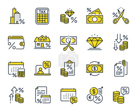 Illustration for Tax line icons. Mortgage rate, Money credit and finance payroll set. Increase percent rate, return overpayment money, tax amount line icons. Jewel value, cut finance and tax evasion. Vector - Royalty Free Image