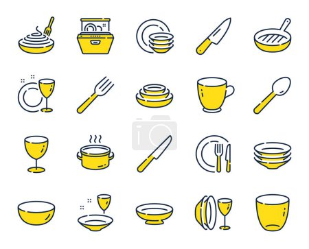 Téléchargez les illustrations : Icônes de ligne de vaisselle. Assiette, bol et ustensiles de cuisine. Fourchette, cuillère et couteau icônes ligne de couverts. Poêle à griller, lave-vaisselle et plat avec des pâtes. Assiette, verre et tasse à thé. Vecteur - en licence libre de droit