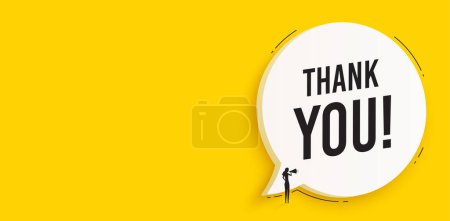 Illustration for Thank you speech bubble banner. Thanks poster with woman holding megaphone. For business, marketing and advertising. Chat message bubble with thank you phrase. Vector illustration - Royalty Free Image