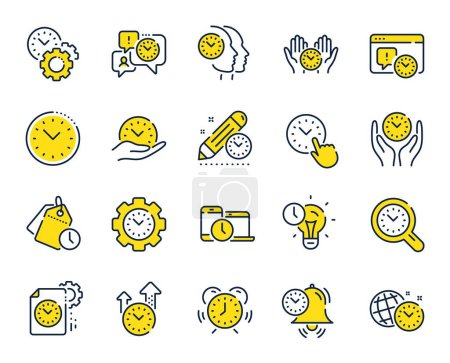 Illustration for Time management line icons. Alarm clock, timer plan and project deadline signs. Countdown clock, time log and appointment reminder icons. People work, watch and office timer. Vector - Royalty Free Image