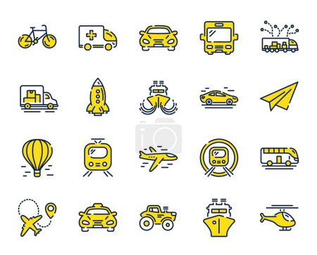 Illustration for Transport line icons. Taxi, Helicopter and subway train icons. Truck car, Tram and Air balloon transport. Bike, Airport airplane and Ship, subway. Travel bus, ambulance car, paper airplane. Vector - Royalty Free Image