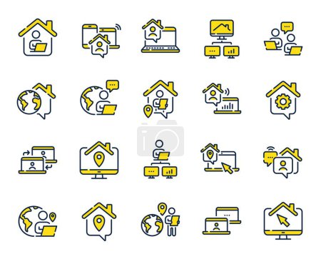 Illustration for Work at home line icons. Remote worker, Freelance job, Office employee. Stay at home, internet work, remote teamwork line icons. Worker with computer, home workspace, shared network. Vector - Royalty Free Image