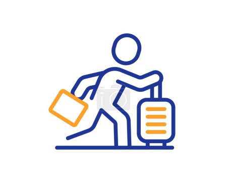 Illustration for Travel delay line icon. Man run with travel baggage sign. Passenger is late symbol. Colorful thin line outline concept. Linear style travel delay icon. Editable stroke. Vector - Royalty Free Image