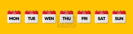 Illustration for Calendar icons with days of the week. Working days as Monday, Tuesday and Wednesday, Thursday or Friday. Event schedule date. Calendar weekend as Saturday, Sunday. Date reminder tags of 2023. Vector - Royalty Free Image