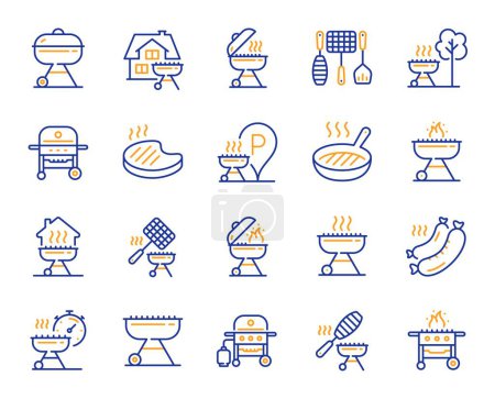 Illustration for Grill line icons. Salmon meat steak, Bbq smoker and Fire cooking set. Gas-fueled grill, hot pan and barbecue sausage icons. Grilled beef steak meat, roasted food and fish grilling basket. Vector - Royalty Free Image