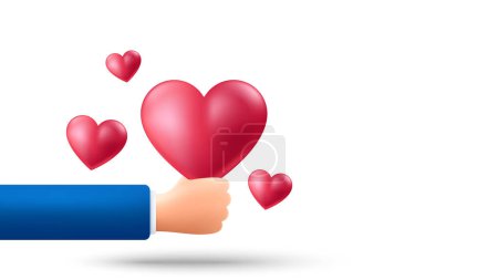 Illustration for Love background. Realistic 3d hand hold heart icon. Valentine day or Mother day decoration. Cute 3d heart. Love dating banner design. Happy Valentine day holiday. Vector illustration - Royalty Free Image