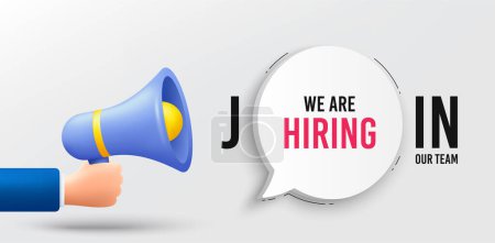 Illustration for We are hiring banner with megaphone. Promotion hr 3d background. Hire employment message with speaker. Hire team, job recruiting banner. Announce alert for job marketing. Join our team. Vector - Royalty Free Image