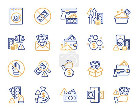 Illustration for Money crime line icons. Fraud, Online thief and Steal cash set. Phishing robbery, launder money crime and tax offense line icons. Financial evasion, online fraud and wallet cash. Vector - Royalty Free Image