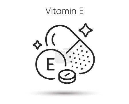 Illustration for Vitamin E line icon. Fat soluble capsule sign. Multivitamin pill symbol. Illustration for web and mobile app. Line style vitamin e icon. Editable stroke nutrition antioxidant. Vector - Royalty Free Image
