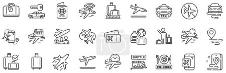 Ilustración de Tarjeta de embarque, Reclamo de equipaje, Llegada y Salida. Iconos de línea de aeropuerto. Conexión de vuelo, boletos, pre-ordenar iconos de la comida. Control de pasaportes, carrusel de equipaje del aeropuerto, wifi a bordo. Vector - Imagen libre de derechos