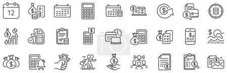 Illustration for Set of Calculator, Check investment and Report icons. Accounting line icons. Calendar, Banking account and Finance accounting report document. Bill, Calculator and Wealth auditing. Vector - Royalty Free Image