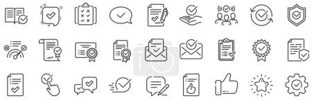 Illustration for Set of Checklist, Certificate and Award medal icons. Approve line icons. Certified document, Accepted approve and Confirm mail. Guarantee, Check mark and Correct agreement. Checklist document. Vector - Royalty Free Image