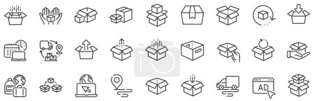 Illustration for Package, delivery boxes, cargo box. Box line icons. Cargo distribution, export boxes, return parcel icons. Shipment of goods, purchase container, open package. Logistics goods. Vector - Royalty Free Image