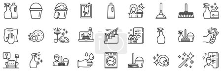 Illustration for Laundry, Window sponge and Vacuum cleaner icons. Cleaning line icons. Washing machine, Housekeeping service and Maid cleaner equipment. Window cleaning, Wipe off, laundry washing machine. Vector - Royalty Free Image