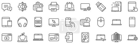 Ilustración de Ordenador portátil, Tablet PC y Smartphone iconos. Iconos de línea de dispositivos móviles. HDD, SSD y unidad Flash. Auriculares, impresora y tableta. Ratón, disco ssd, portátil móvil. Memoria hdd drive. Vector - Imagen libre de derechos
