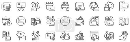 Illustration for Payment card terminal, bankrupt and contactless pay set. Credit card line icons. Bank atm exchange, cut credit card and CVV code line icons. POS terminal, online bank payment, wallet. Vector - Royalty Free Image
