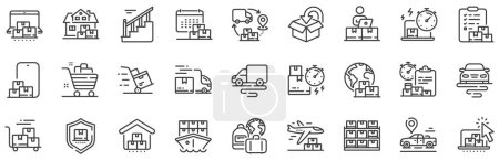 Illustration for Return package, logistic service and delivery date set. Delivery line icons. Freight distribution, global export and courier truck line icons. Logistic transport, ship delivery. Vector - Royalty Free Image