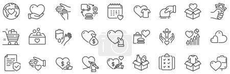 Illustration for Volunteer help, Global hunger, Food box. Donate and Charity line icons. Helping hand, Heart donate and Care service line icons. Donation or Blood collection, Money charity and Food care. Vector - Royalty Free Image