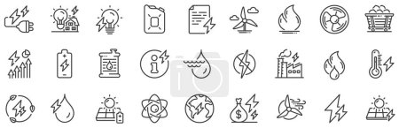 Illustration for Coal Trolley, Solar Panels, Hydroelectric Power icons. Energy types line icons. Sustainable Electricity, Battery Energy, Fuel canister. Windmill power, Coal mine and Hydroelectricity. Vector - Royalty Free Image