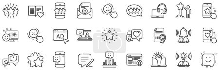 Illustration for Set of User Opinion, Customer service and Star Rating icons. Feedback line icons. Testimonial, Positive negative emotion, Customer satisfaction. Social media feedback, star rating technology. Vector - Royalty Free Image