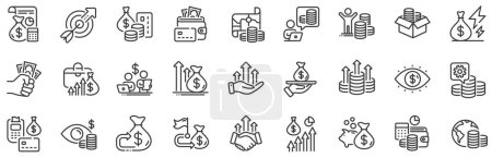 Illustration for Accounting coins, Budget Investment, Trade Strategy icons. Finance line icons. Finance management, Budget gain and Business asset. Money economy, Loan in dollars and Treasure map. Vector - Royalty Free Image