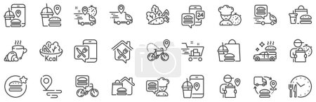 Illustration for Courier, Deliveryman, Grocery retail. Food delivery line icons. Delivery truck, meal bag, home food order icons. Cart deliver, contactless service, courier location. Fast food package. Vector - Royalty Free Image