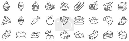 Téléchargez les illustrations : Légumes, fruits et desserts sucrés icônes. Icônes de la chaîne alimentaire. Tranches de pommes de terre, maïs et carotte fraîche. Fraise, pomme et orange. Gâteau, crème glacée et icône Cupcake. Pizza, hamburger et hot-dog. Vecteur - en licence libre de droit