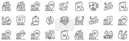 Illustration for Petrol canister, B7 diesel fuel and gas cylinder set. Filling station line icons. Lpg, fuel filling station and 95 petrol canister line icons. Liquefied gas, rising prices and oil energy. Vector - Royalty Free Image