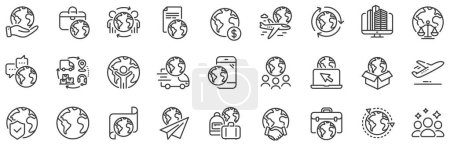 Illustration for Global law, translate language, Outsource business. World business line icons. International organization, financial transactions, world map icons. Delivery service, global outsource. Vector - Royalty Free Image