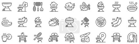 Illustration for Salmon meat steak, Bbq smoker and Fire cooking set. Grill line icons. Gas-fueled grill, hot pan and barbecue sausage icons. Grilled beef steak meat, roasted food and fish grilling basket. Vector - Royalty Free Image